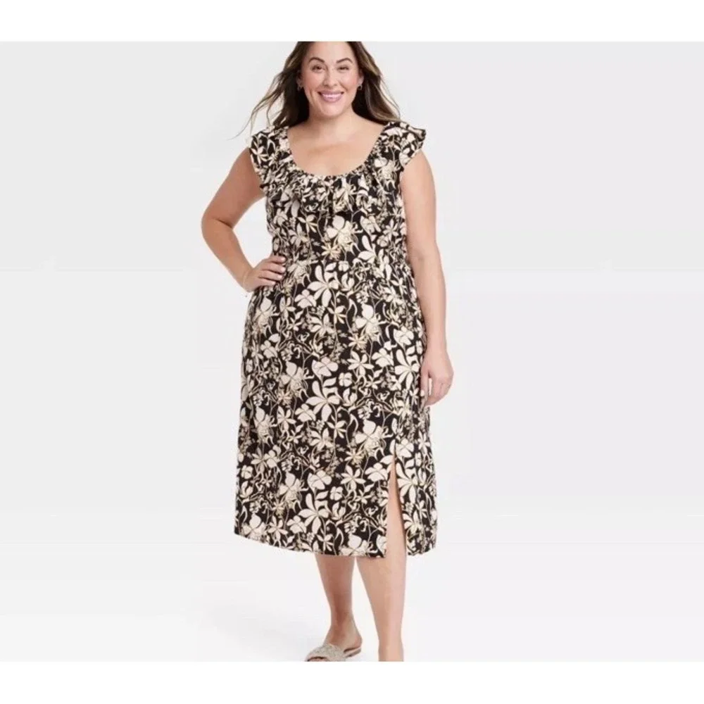 Ava & Viv Black Floral Ruffle Maxi Linen‎ Blend Dress Women 3X Vacation Resort